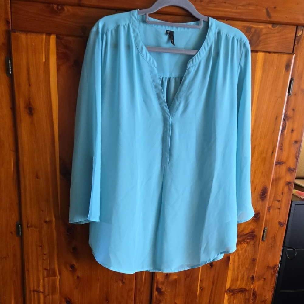 Maurices Blue 3/4 Sleeve Blouse with Mandarin Collar